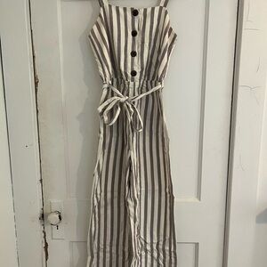 Grey and White Striped Jumpsuit with Tie Waist